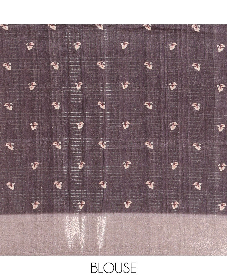 Grey tri-ombre colored zari stripes, and kalamkari peacock printed semi-tussar saree, contrast floral creeper zari border, peacock printed pallu, and a contrast blouse of zari and print work