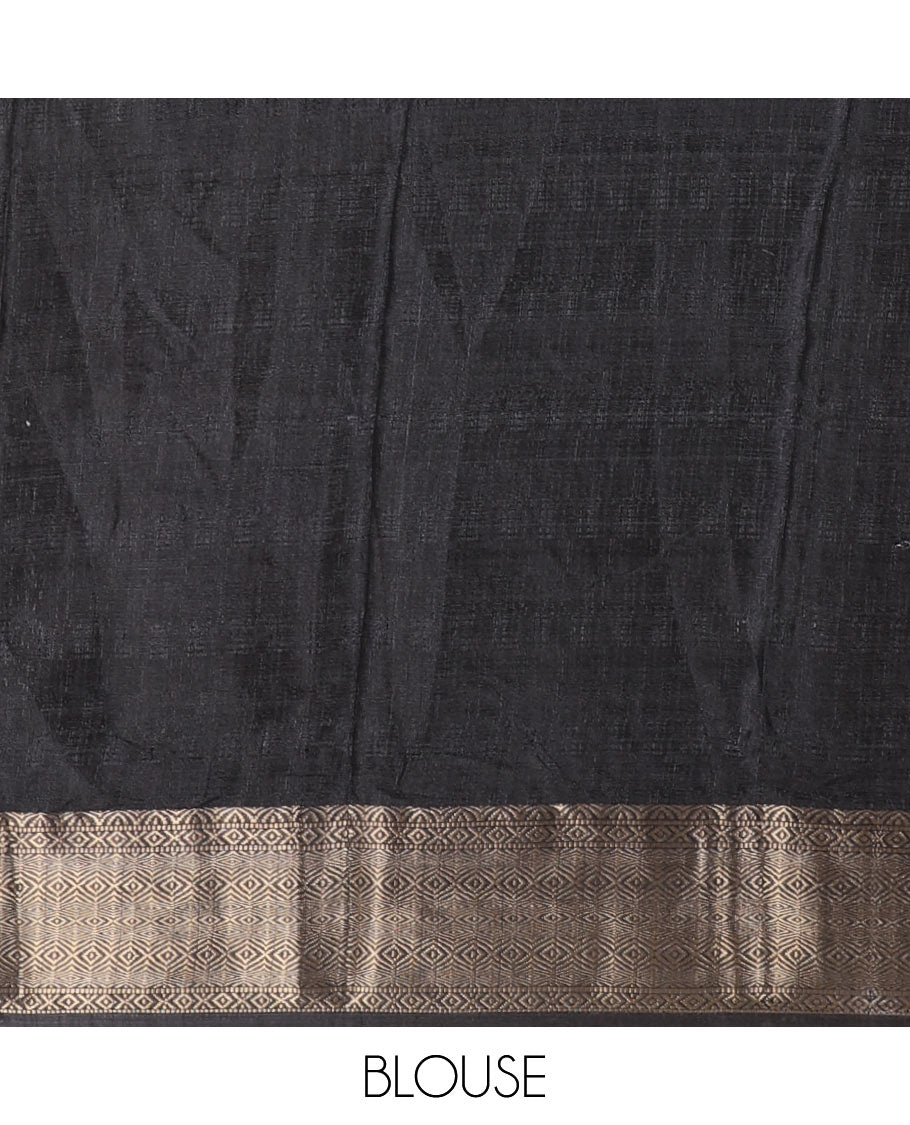 Chikku-black color animal and village theme printed khadi jute saree, contrast jaal patterns zari woven border, printed pallu, and a contrast blouse