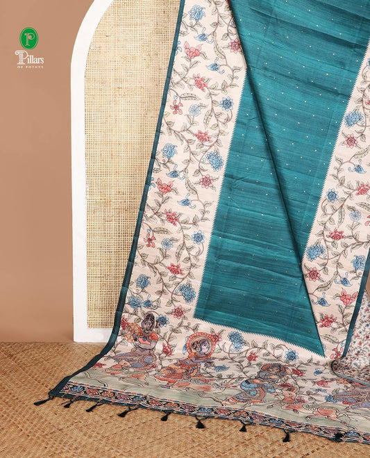 Peacock green zari butta fancy tussar saree with kalamkari style border & kalamkari pallu along with printed blouse