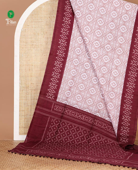 White Ikkat deisgn printed jute tussar silk saree , maroon contrast border , ikkat  design printed pallu