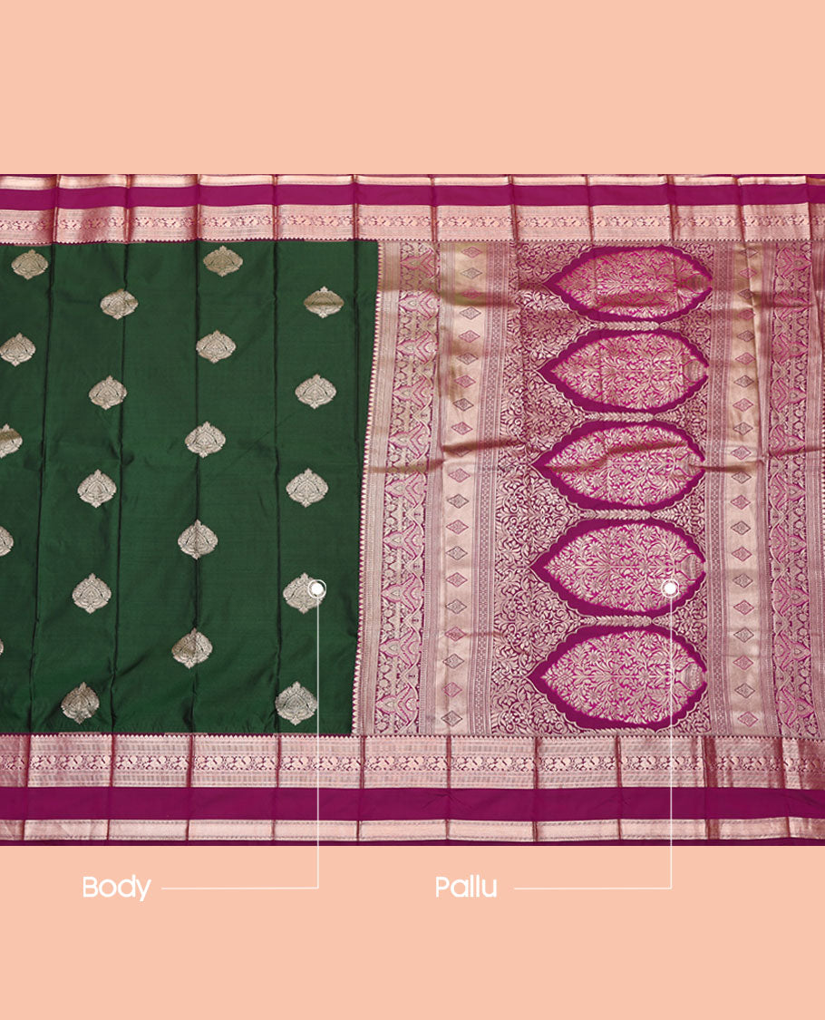 Green Budget Silk Saree, Finely Woven with Zari Buttas, Complemented by a Contrast Traditional Zari  Rettai Pettu Border, Grand Pallu, and a Contrast Blouse