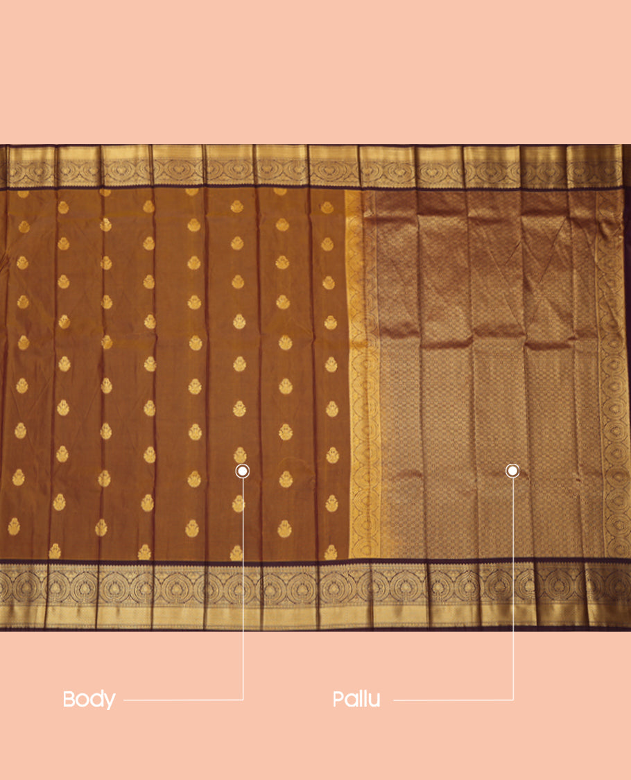 Brown Budget Silk Saree, Elevated with Zari Buttas, a Contrast Traditional Zari Border, a Grand Pallu and a Contrast Blouse
