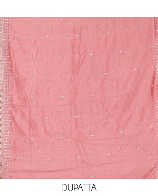 Peach Vichitra Silk Material Chudiddar, Embroidered Top, Plain Bottom, Scallop Embroidered Dupatta