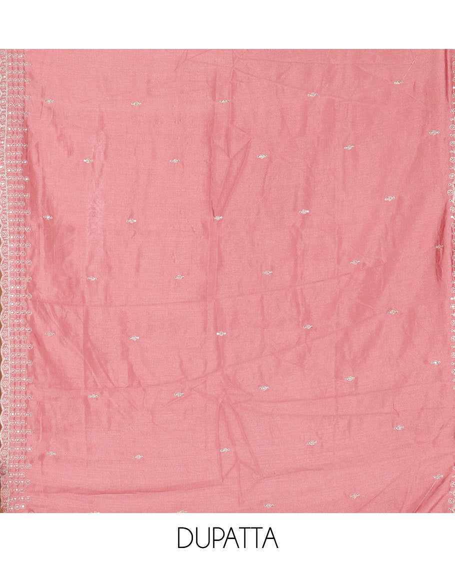 Peach Vichitra Silk Material Chudiddar, Embroidered Top, Plain Bottom, Scallop Embroidered Dupatta