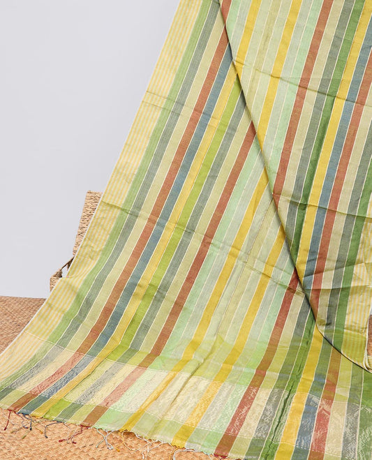 Multi-color striped tussar silk saree with contrast striped border