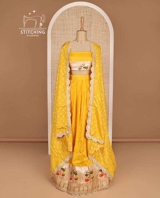 Yellow animal zari design half saree with contrast animal design border, zari design blouse & floral embroidery dhavani
