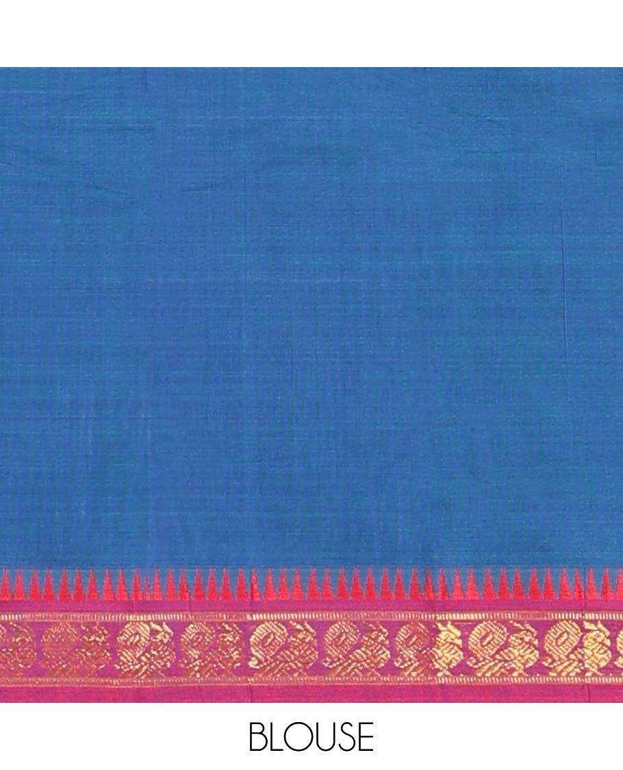 Blue cotton half saree with contrast zari border, plain blouse & plain with peacock zari border dhavani