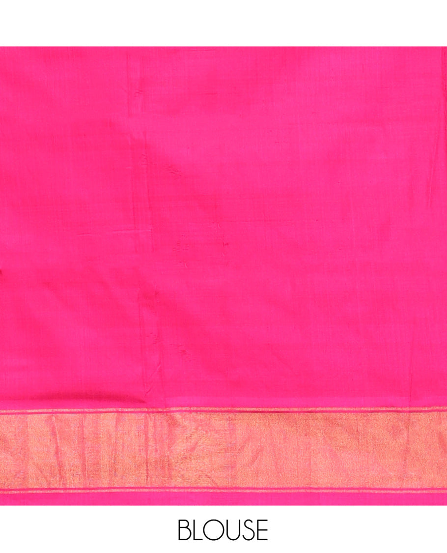 Orange Ikkat Silk Saree, Mesmerized with Ikkat-Style Geometric Patterns on Its Body, Complemented by a Contrast Border, Pallu Features Chevron Stripes, and Paired with a Contrast Blouse