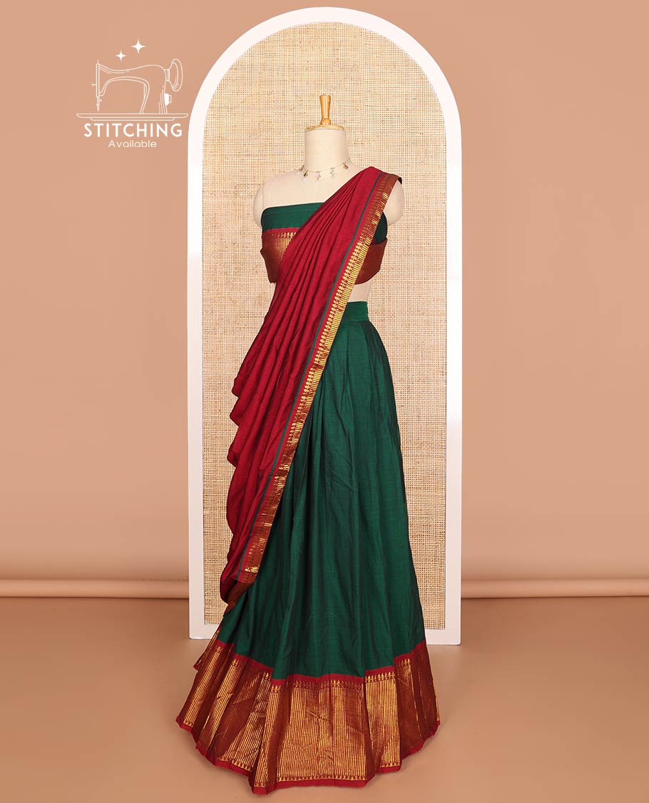 Green mercerised cotton daman zari border  half saree with mercerised cotton blouse & skya georgette one side zari border work