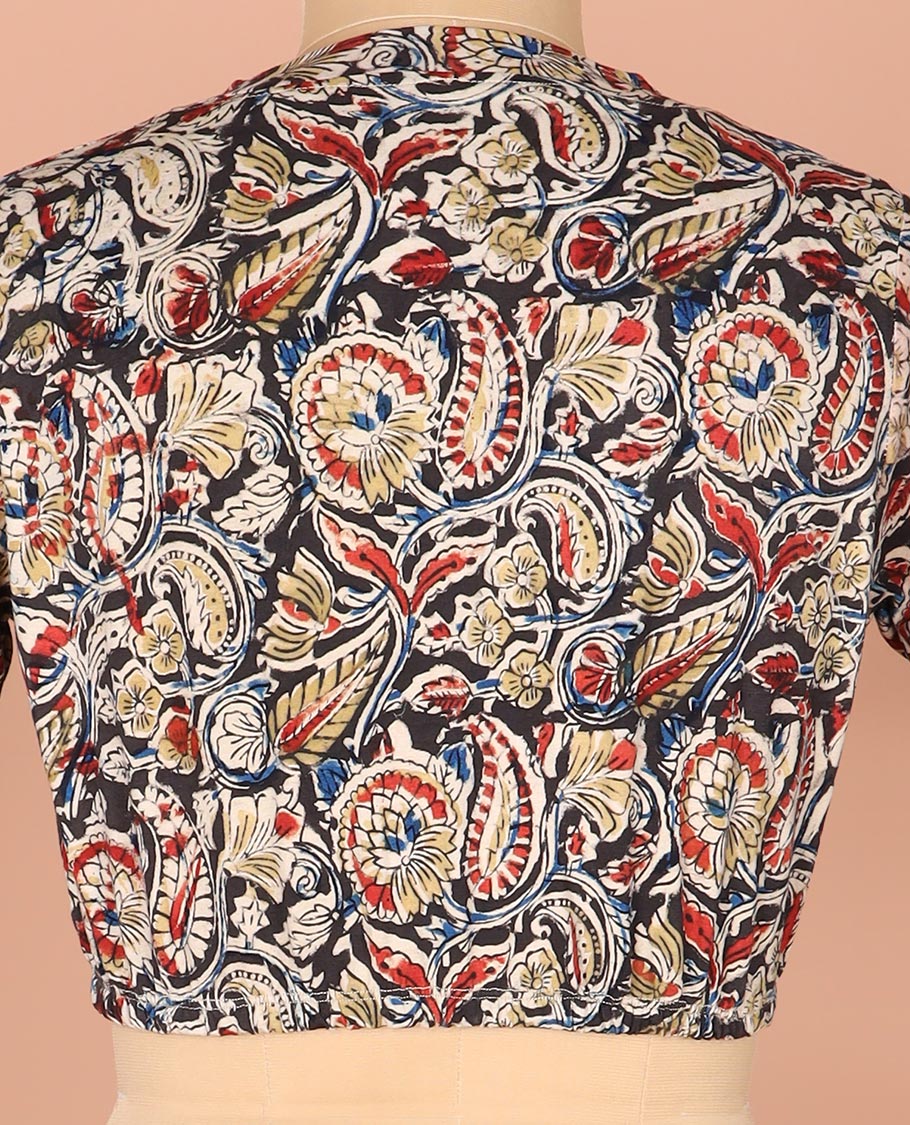 Multi-Color Readymade Blouse Elegantly Printed with Floral-Paisley Vine, Featuring a Front V-Neck, a Back Closed Neck, and Full Sleeves