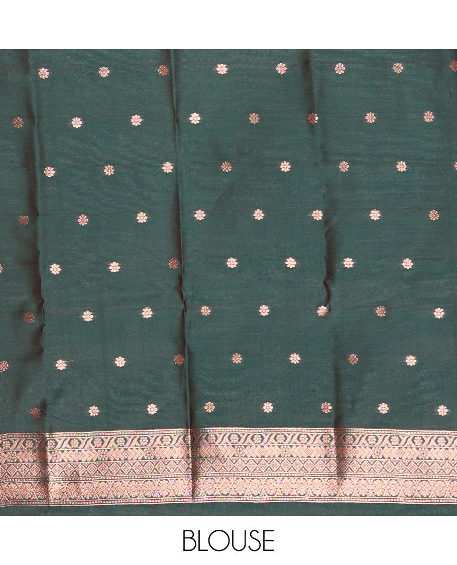 Borderless yellow stripes and zari floral buttas elite soft silk saree, contrast ogee patterned zari pallu, and contrast zari design blouse