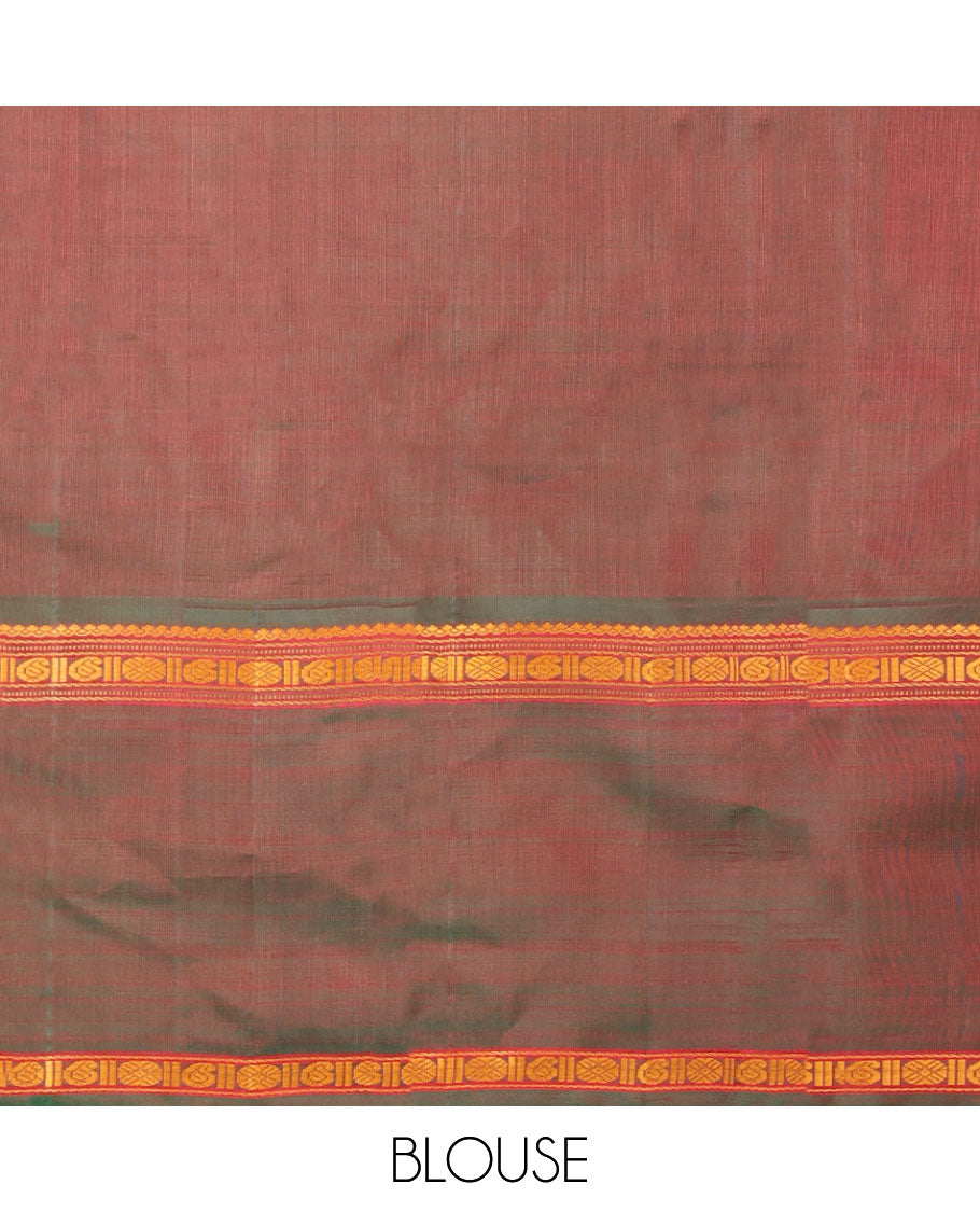 Red checked kancheepuram silk saree with contrast rettai pettu border & striped design pallu