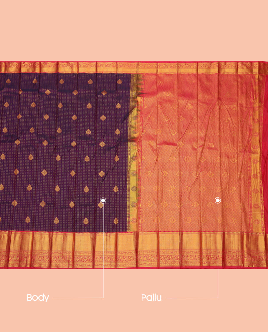 Wine Budget Silk Saree, Adorned with Zari Buttas, a Contrast Traditional Zari Border, Grand Pallu, and a Contrast Blouse