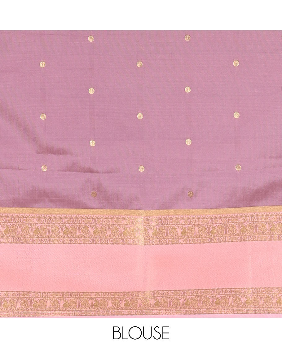 Purple zari buttas soft silk saree , contrast peacock and mango zari weaving border , contrast weaving rich pallu and contrast Blouse
