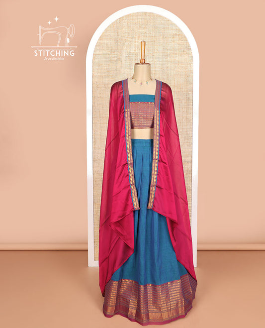 Blue cotton half saree with contrast intricate zari design border, zari design blouse & zari design border dhavani
