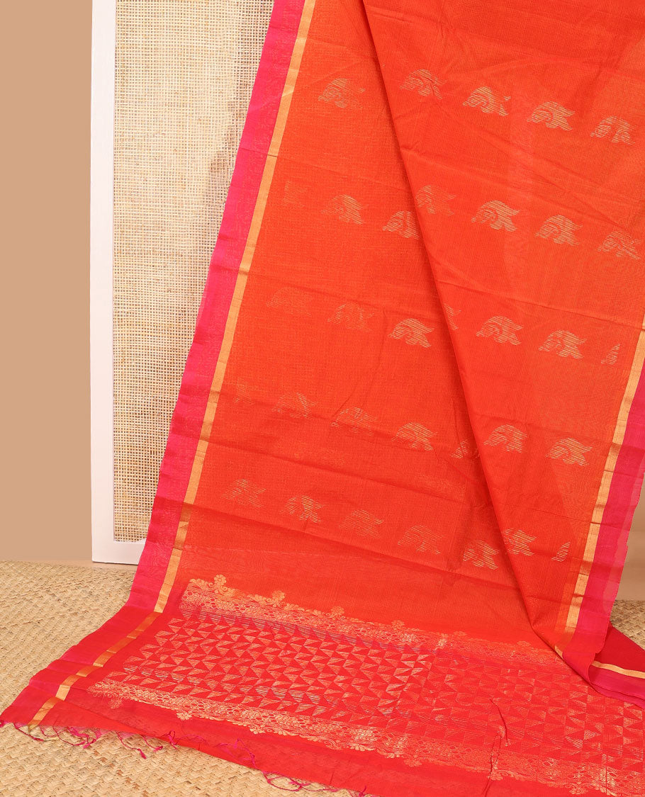 Orange motifs silk cotton saree with contrast zari border & geometric design pallu
