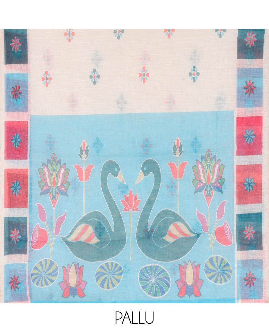 Cream-Blue Linen Cotton Saree