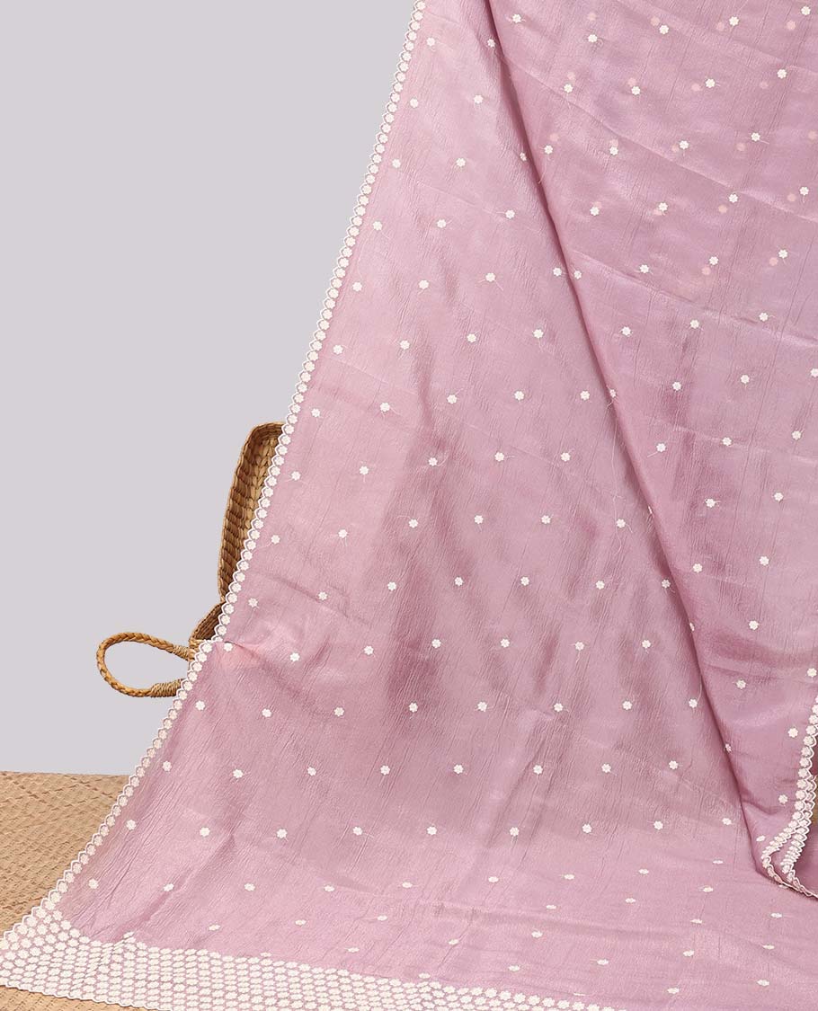 Peach crushed tissue saree with all-over floral motifs embroidered & floral scallop border