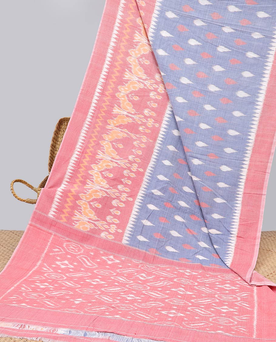 Blue intricate design , motifs ikkat cotton saree with contrast plain border & geometric design pallu