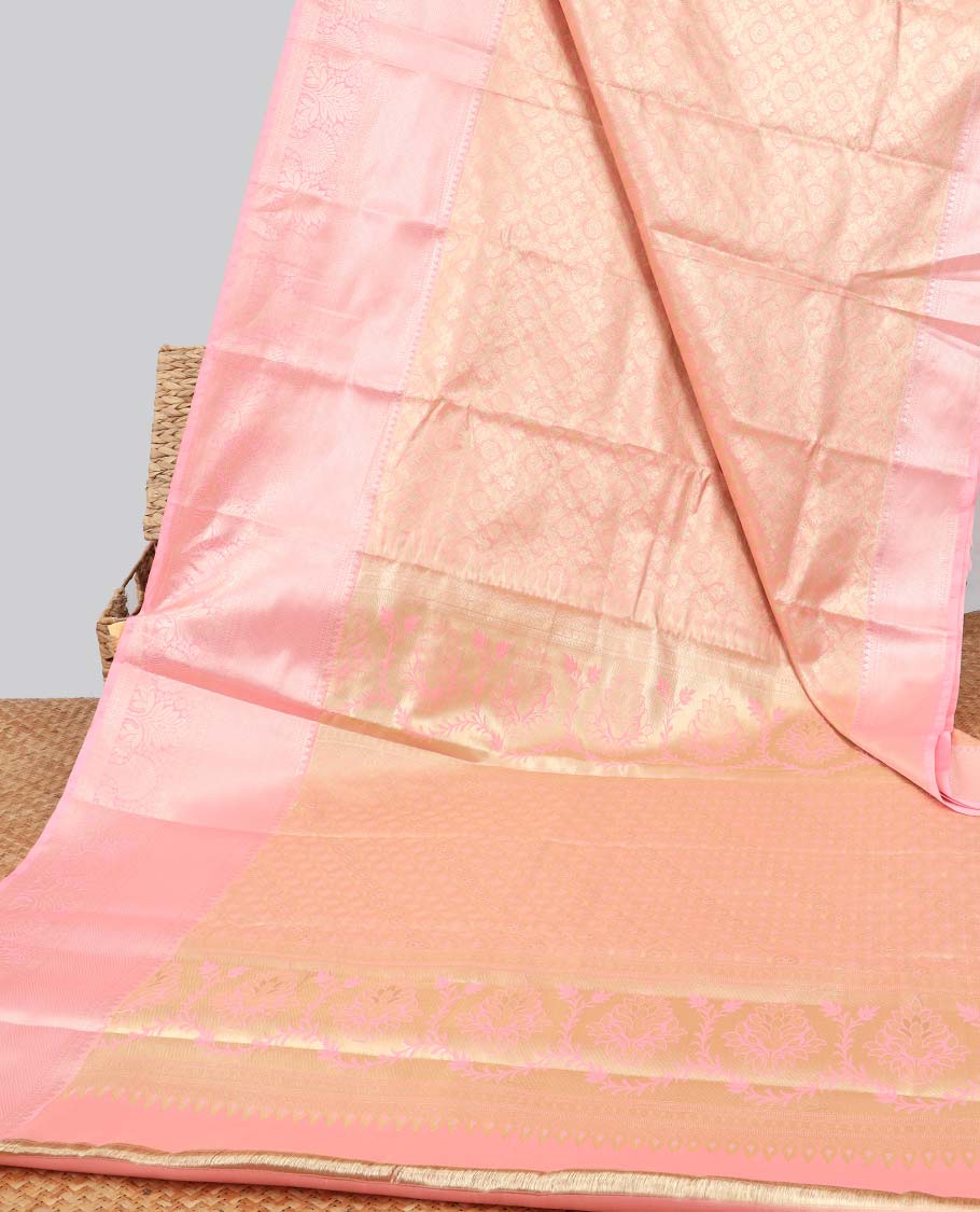 Orange floral enclosed with checked design budget silk saree with contrast zari border & intricate zari design pallu
