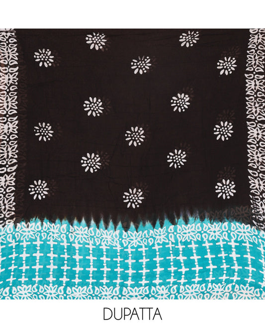 Black and Rama Material Chudidhar Set, Subtly Sparkled with Batik-Style Printed Viscose Georgette Top, Rayon Batik Printed Bottom, and Viscose Georgette Dupatta of Batik Print