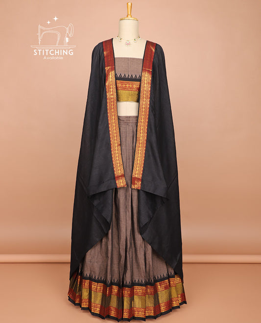 Brown cotton half saree with contrast rettai pettu zari border, zari design blouse & intricate zari design dhavani