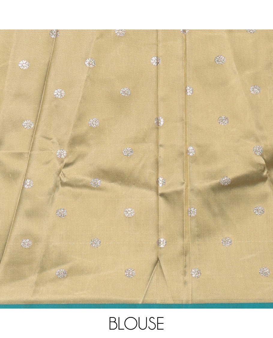 Baby pink zari & thread buttas woven tissue silk saree, contrast muniya temple border, paithani-style design pallu & contrast zari buttas blouse