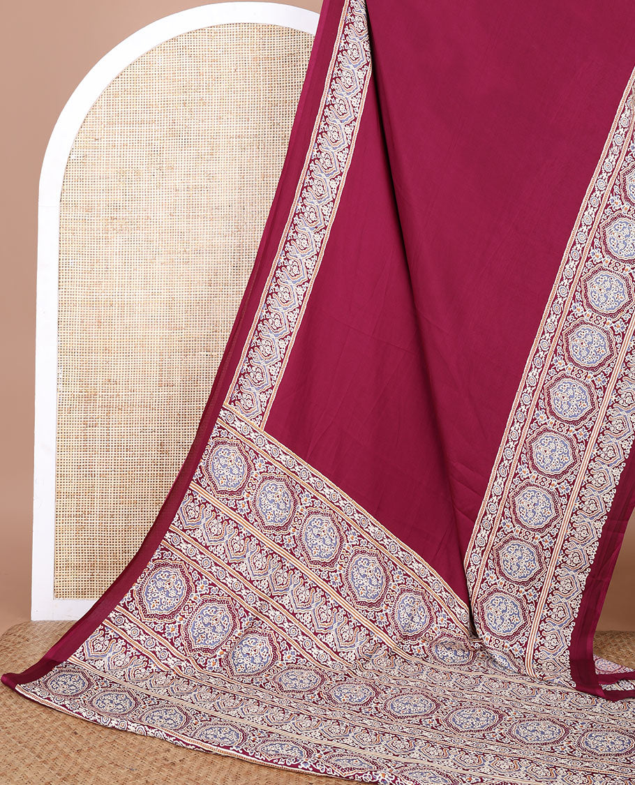 Purple modal crepe saree with ajrakh printed border & ajrakh printed pallu along with printed blouse