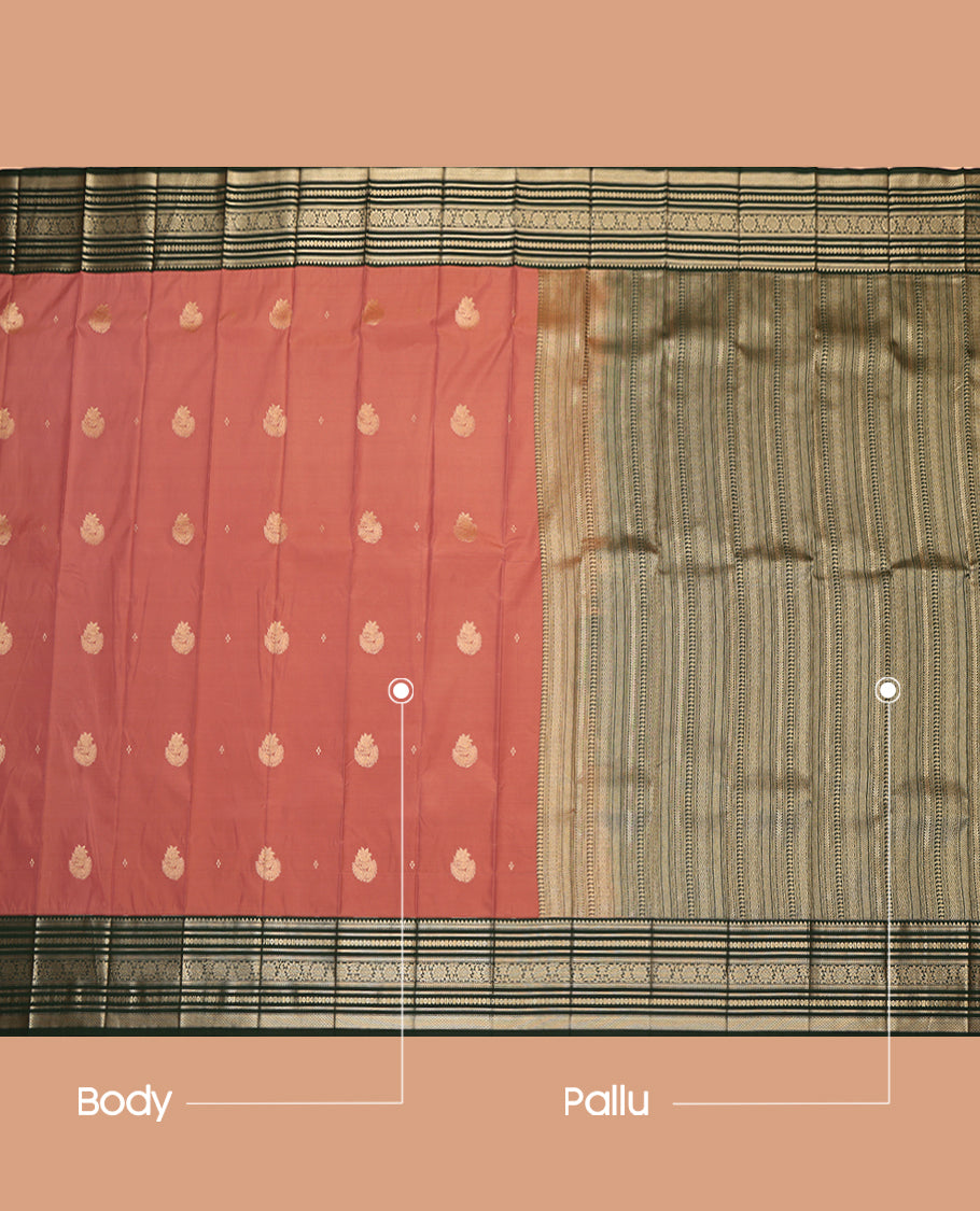 Peach Budget Silk Saree, Graced with Zari Buttas, Complemented by a Contrast Traditional Zari Border, Grand Pallu, and Contrast Blouse