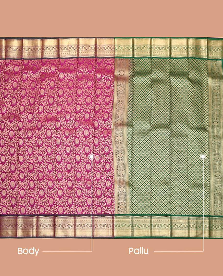 Purple Budget Silk Saree, Bedecked with Jacquard Design, Complemented by a Contrast Traditional Zari Border, Grand Pallu, and a Contrast Blouse