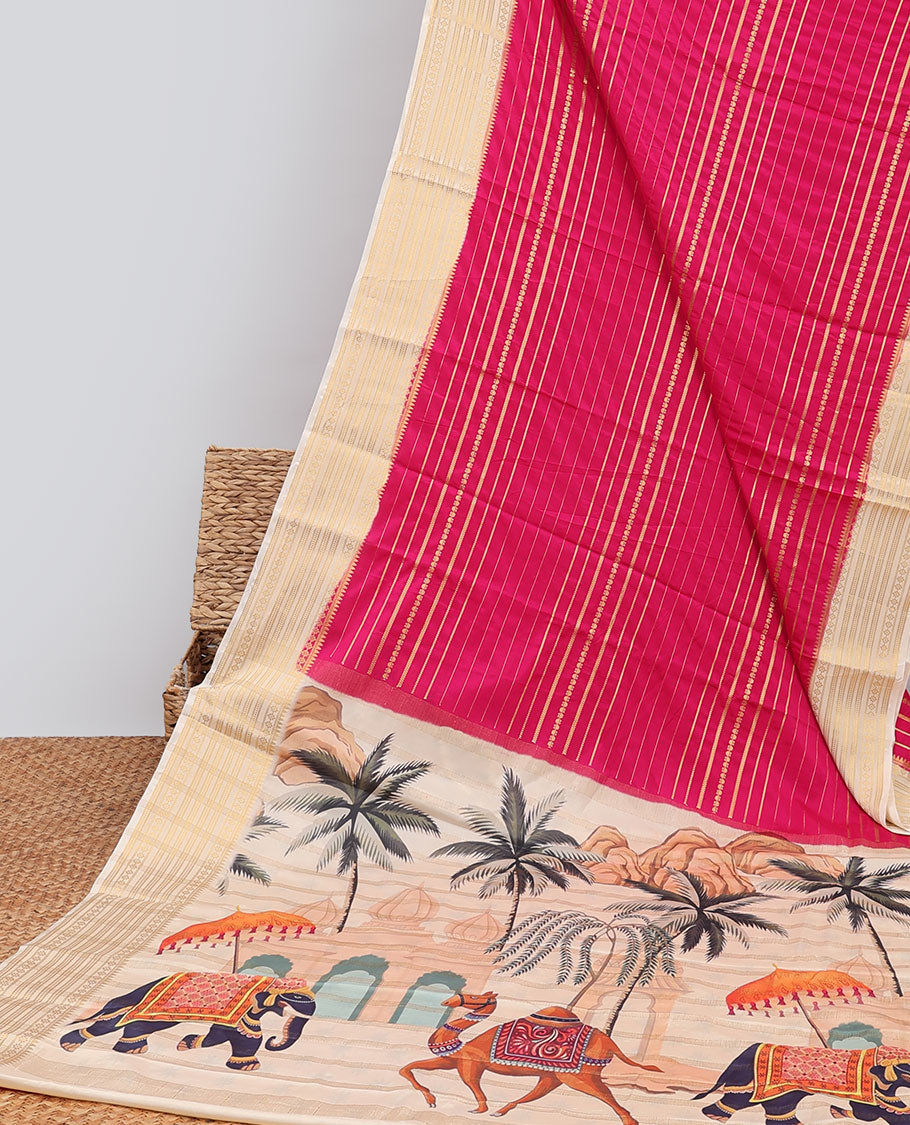 Green striped design  mysore silk saree with contrast zari border & rajasthan theme printed pallu