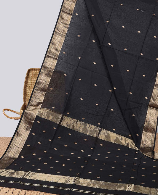 Black geometric motifs maheshwari cotton saree with self argyle border & geometric design pallu