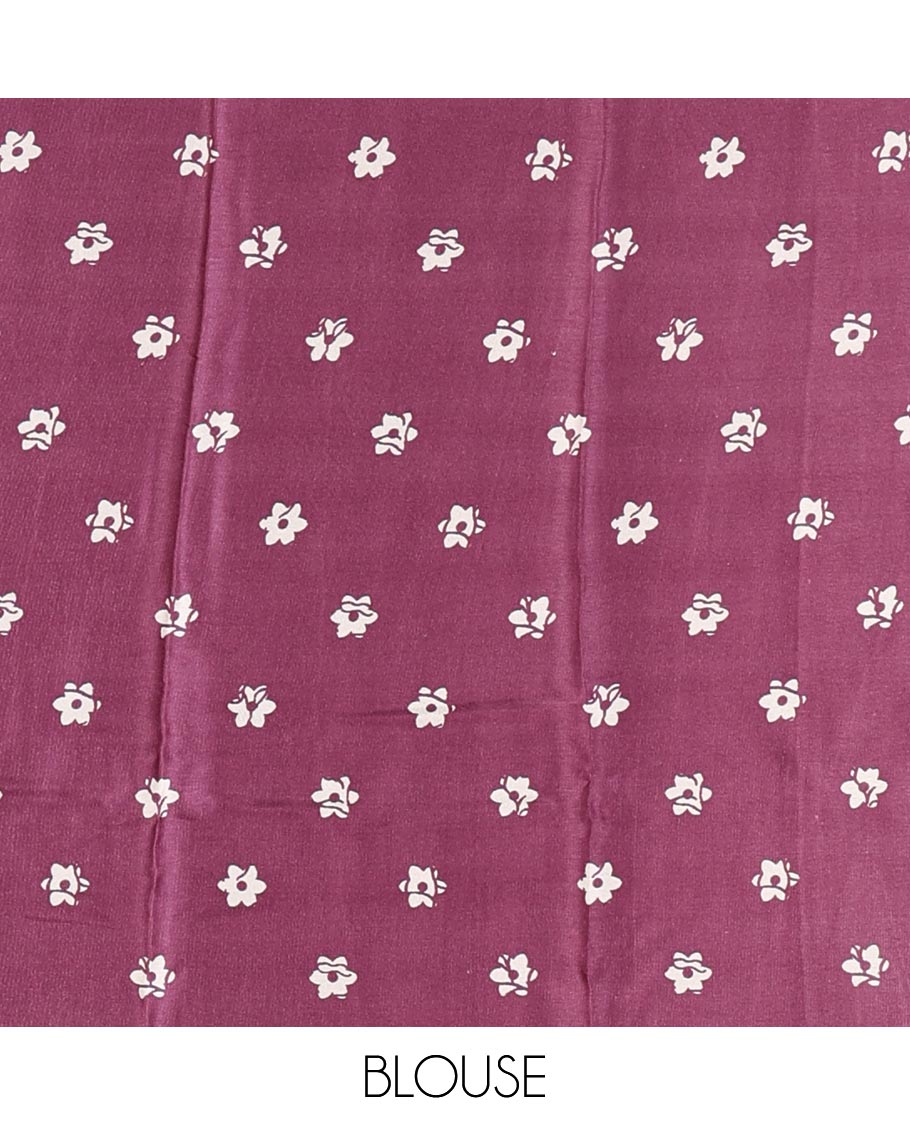 Cream-base batik-style floral printed satin crepe saree, contrast dark lavender border, printed pallu & contrast floral printed blouse