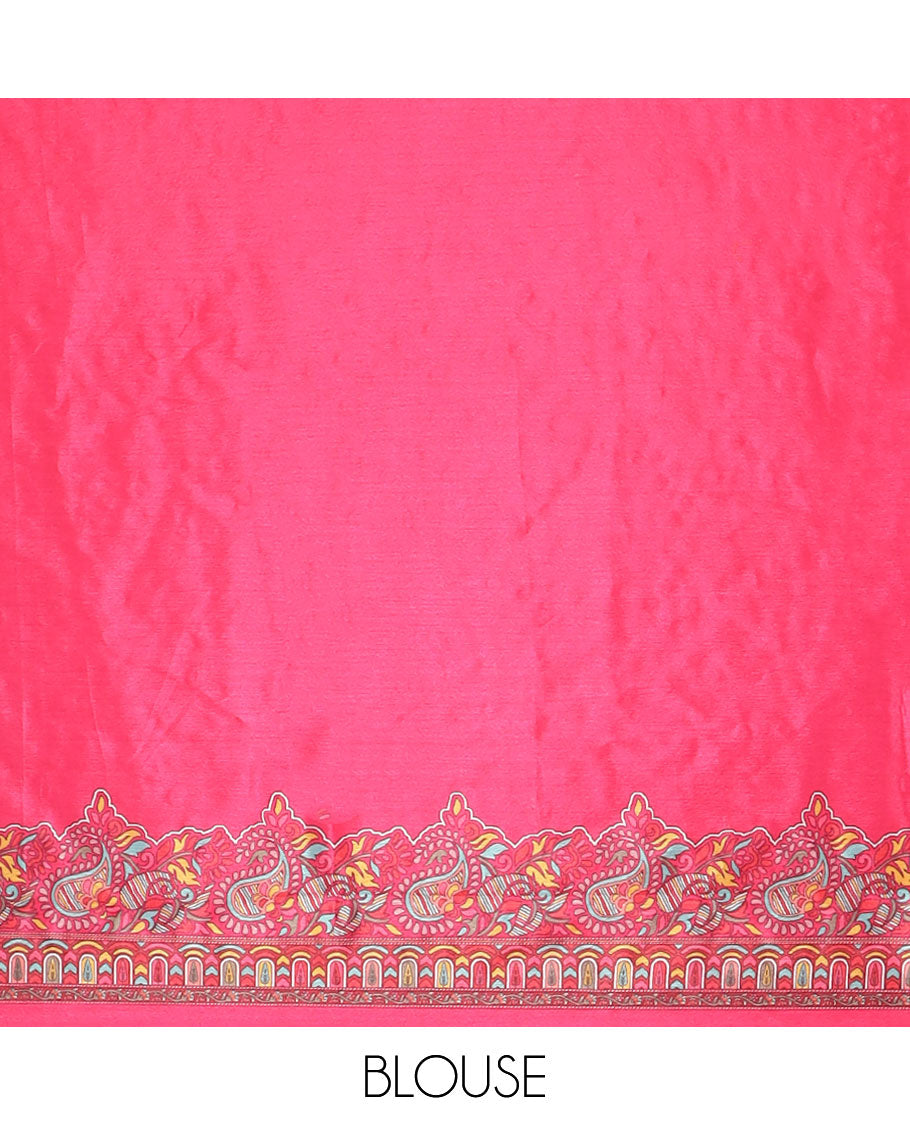 Rani pink printed, mirror synon silk saree with printed border & printed rich pallu along with plain blouse