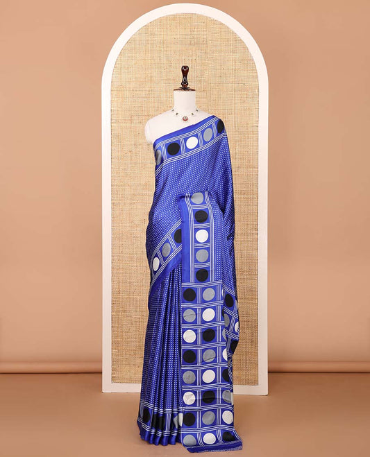 Royal blue small polka dots printed gajji silk saree with self-border & pallu printed with a dot enclosed checks, blouse with intricate motif print