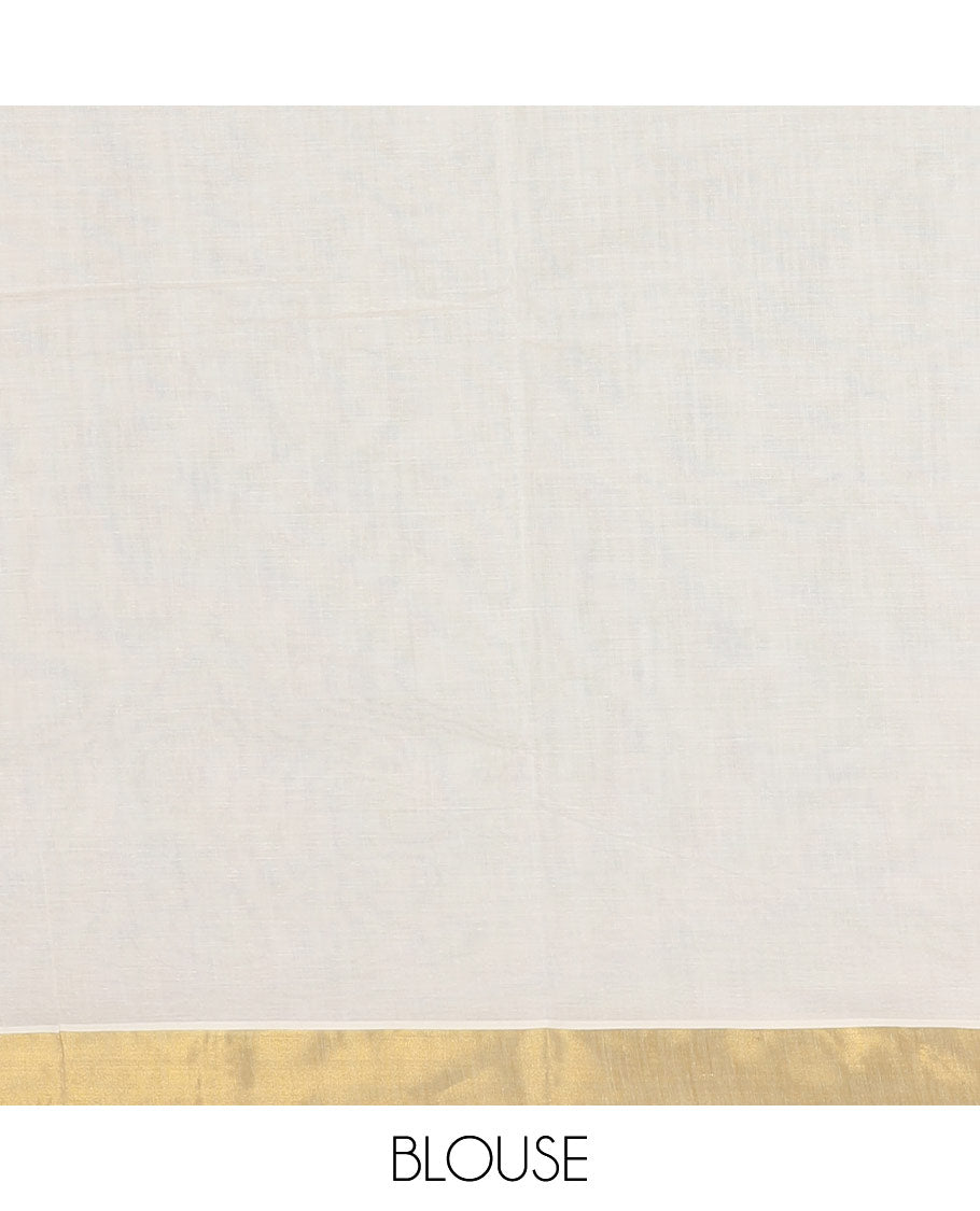 Half-white and maroon chakram motifs printed Kerala cotton saree, temple gold zari border, gold zari pallu, and matching blouse