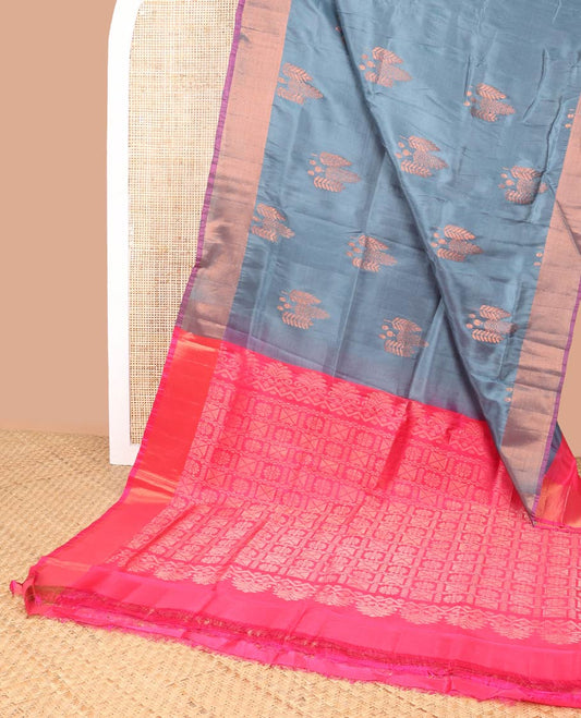Blue floral buttas uppada saree with contrast zari border & jaal design pallu
