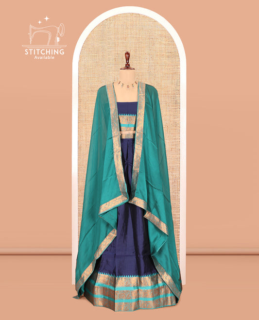 Navy Blue Semi-Banarasi Half-Saree Features Plain Skirt, Contrast Floral Creeper Zari Border, Matching Blouse, Contrast Dhavani