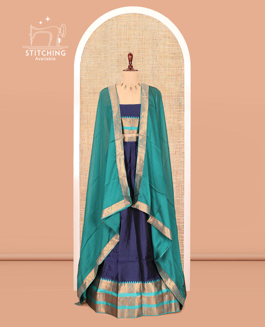 Navy Blue Semi-Banarasi Half-Saree Features Plain Skirt, Contrast Floral Creeper Zari Border, Matching Blouse, Contrast Dhavani