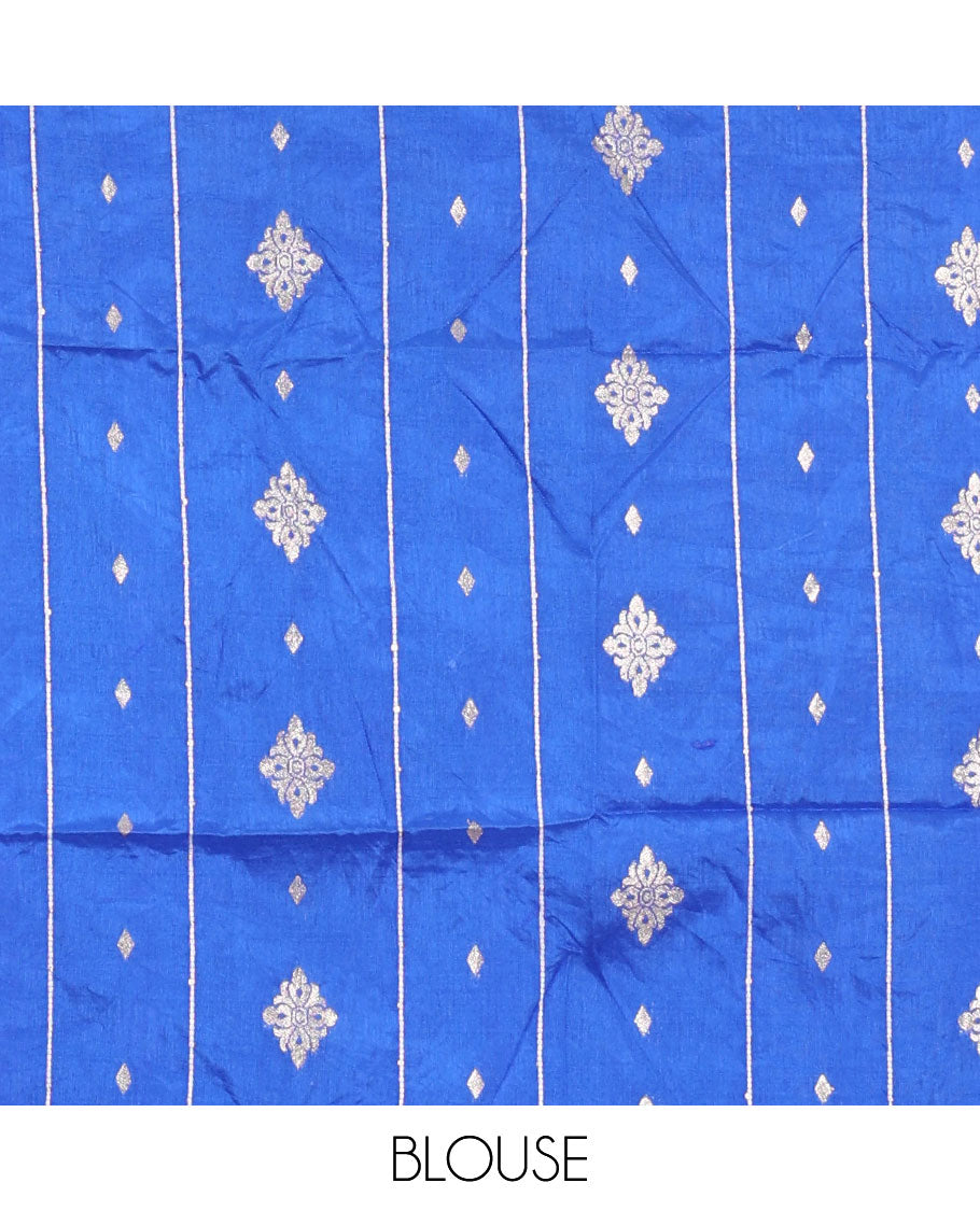 Blue gold zari vertical striped dola silk saree, contrast traditional zari border of manga design, striped pallu & contrast diamond design blouse