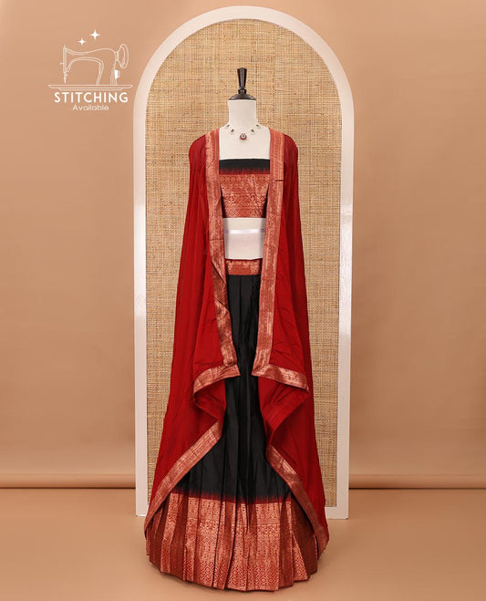 Black taffeta silk half-saree,plain skirt,contrast temple traditional zari border,zari design blouse & zari border georgette dhavani