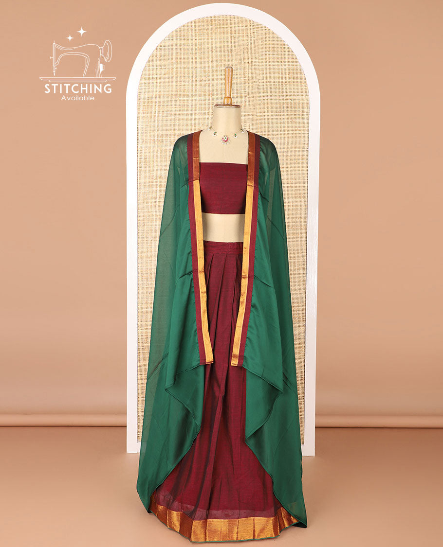 Maroon mercerised cotton daman zari border half saree with cotton blouse & skya georgette one side zari border dhavani