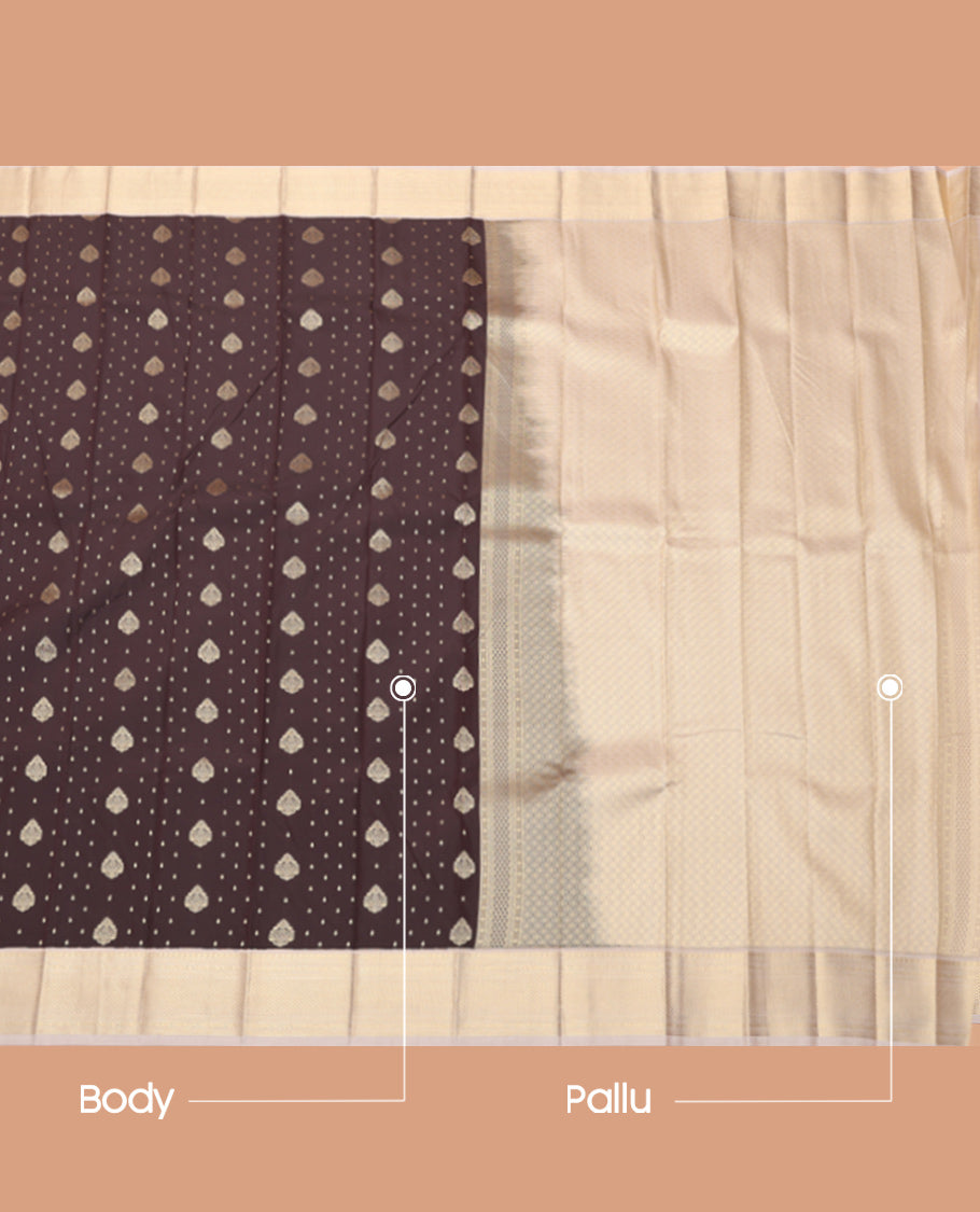 Brown Budget Silk Saree, Steeped with Zari Buttas, Complemented by a Contrast Traditional Zari Border, Grand Pallu, and a Contrast Blouse