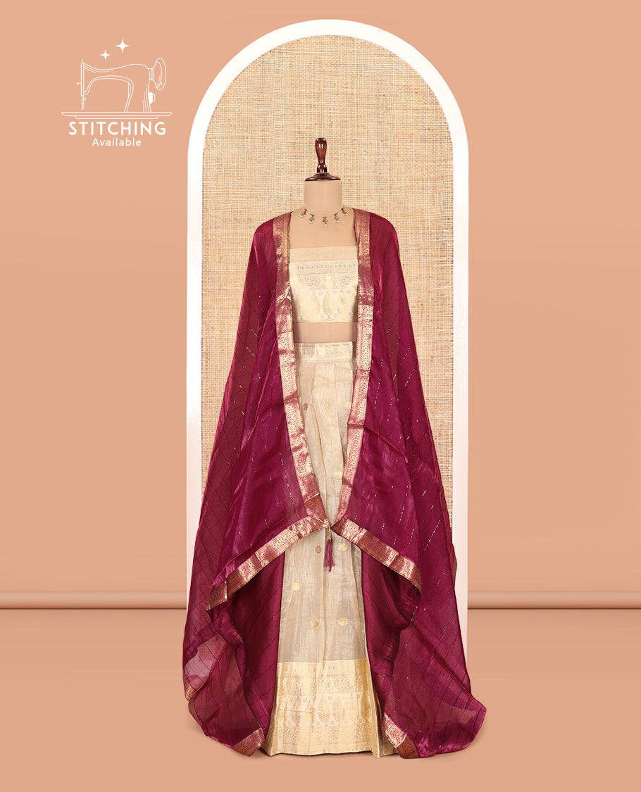 Chikku-Magenta Banaras Kota Half-Saree, Zari Buttas Skirt, Traditional Border, Matching Blouse, Contrast Organza Sequins Dhavani