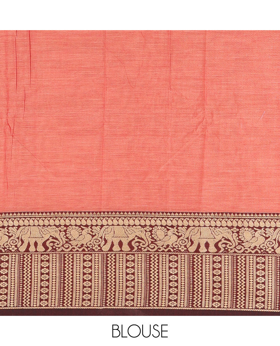 Pink plain mercerised cotton saree, contrast traditional motifs thread woven border, striped pallu, and a matching blouse