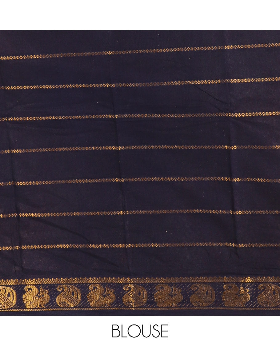 Purple veldhari zari striped Sungudi cotton saree, contrast peacock, and paisley zari motif border, zari striped pallu, and contrast zari design blouse