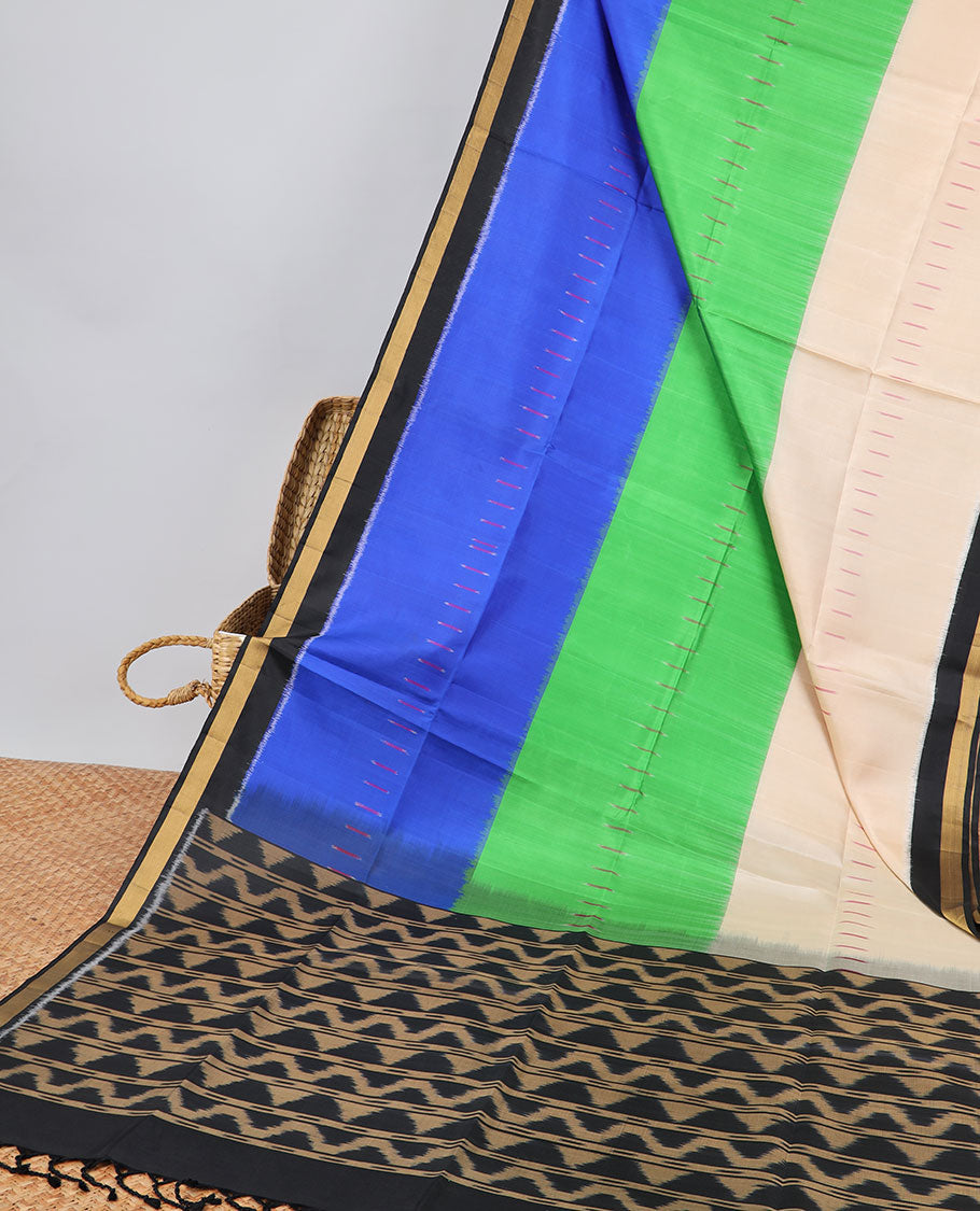 Multi-color striped soft silk saree with contrast zari border & striped, temple design pallu