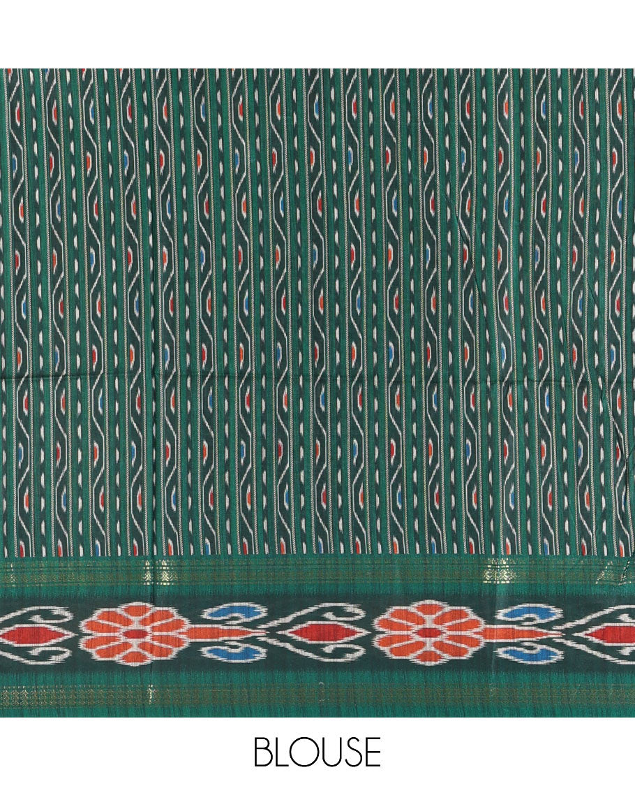 Yellow plain Katan silk saree, contrast temple ikkat floral printed border, ikkat floral printed pallu, and ikkat printed blouse