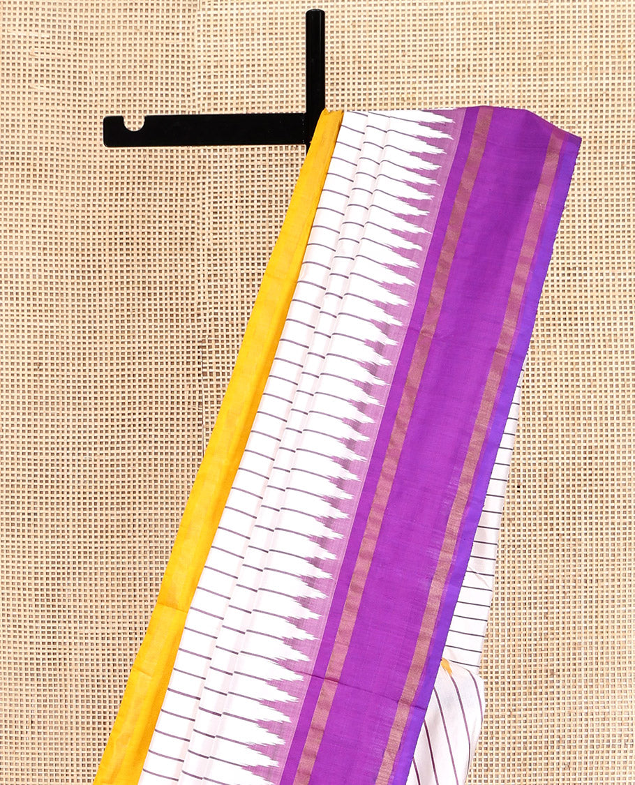 Cream Striped Pochampally Ikat Silk Saree, Complemented by a Contrast Ganga-Jamuna Border, Jaal Pallu, and a Contrast Blouse