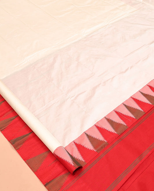 White Plain Bangalore Silk Saree, Complemented by a Contrast Temple Border, Pallu of Stripes, and a Contrast Blouse